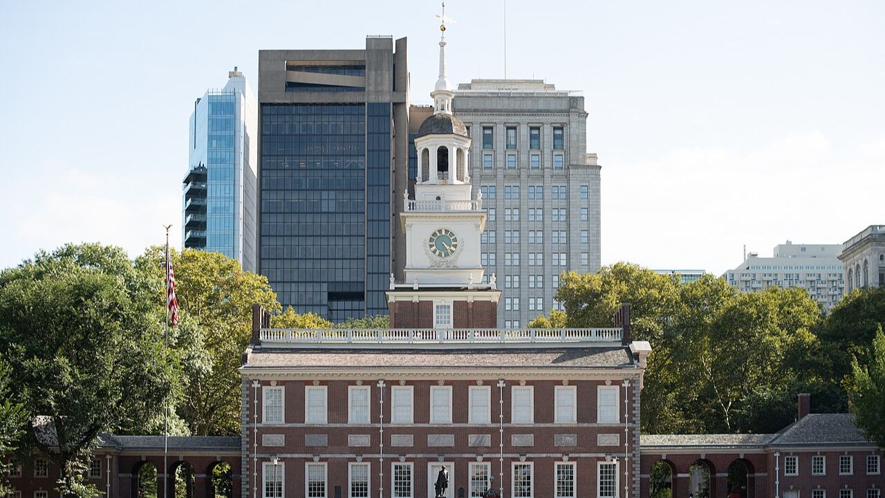Wikipedia 

Alt text - Independence Hall with clock tower and red-brick Georgian facade.