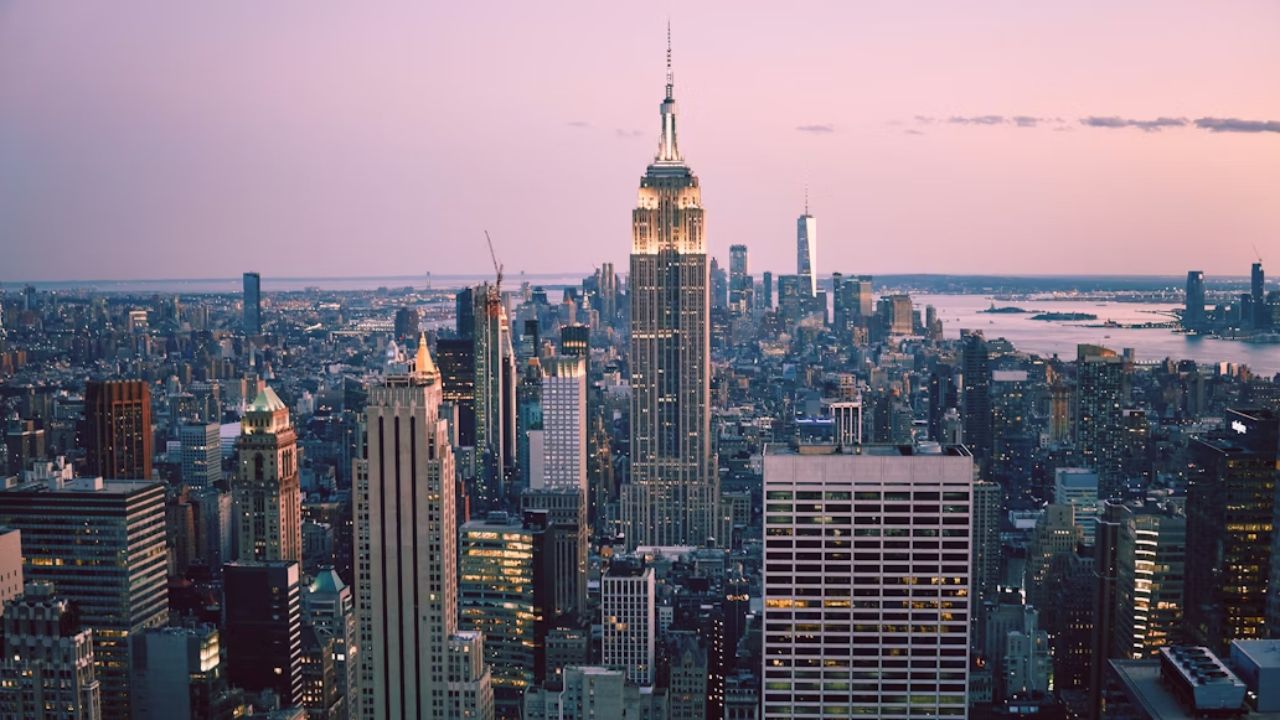  New York City skyline at dusk with Empire State.