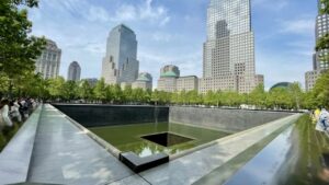 9/11 Memorial reflecting pool honors lives lost in tragedy.