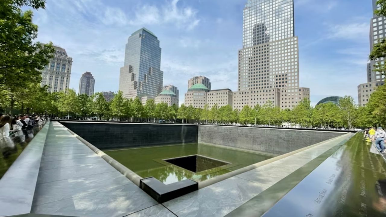 9/11 Memorial reflecting pool honors lives lost in tragedy.