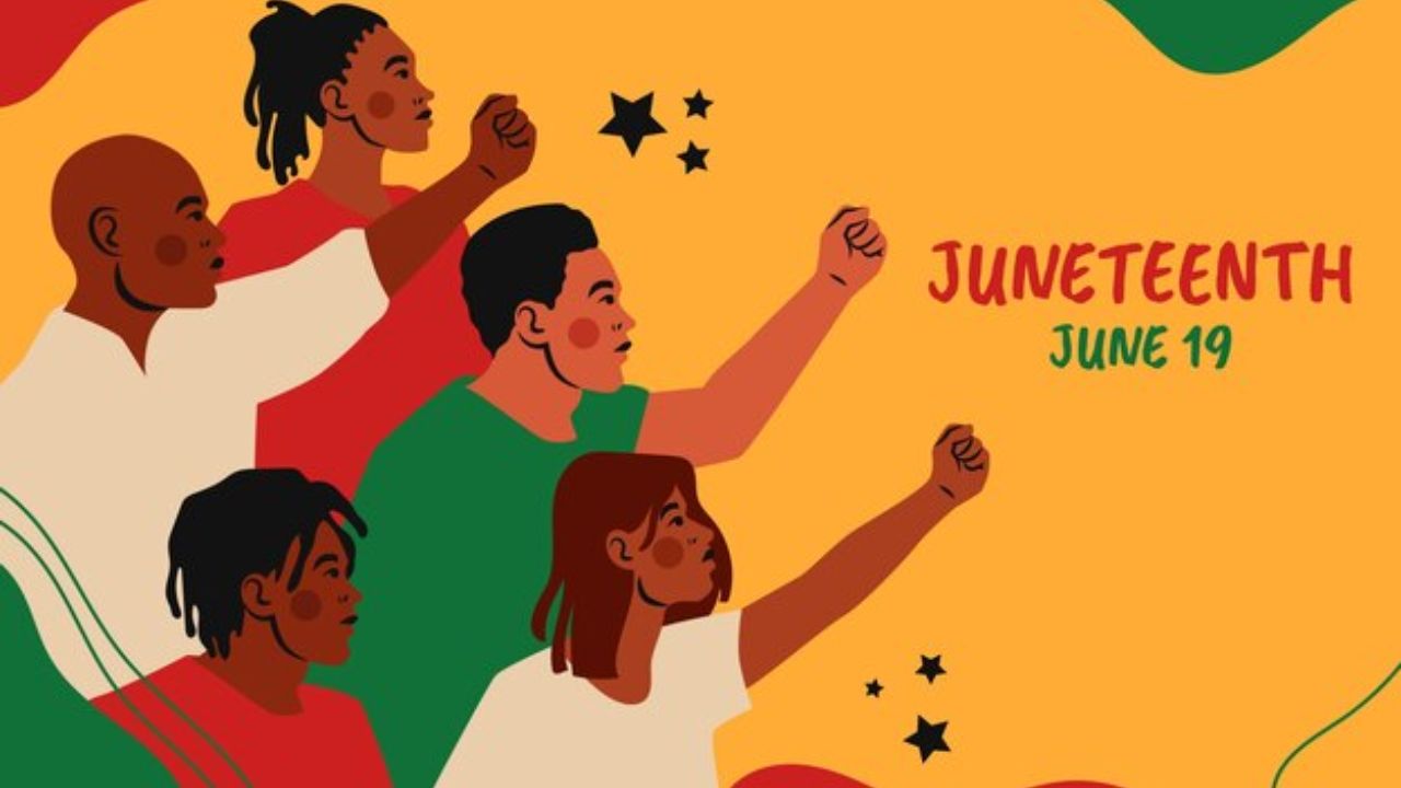  Illustration of diverse group raising fists with Juneteenth June 19 text and African heritage colors.