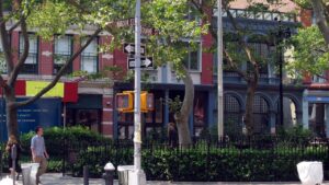 Duane Park NYC corner with trees and buildings.