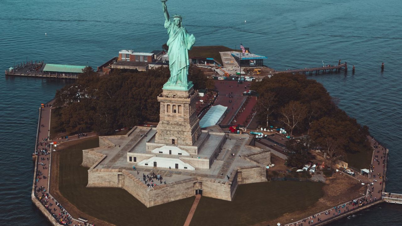 Aerial view of Liberty Island with Statue of Liberty.