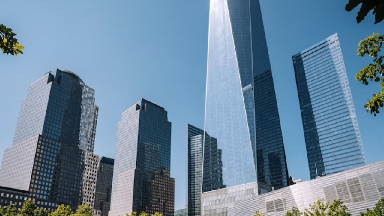 9/11 Memorial pool with One World Trade Center.