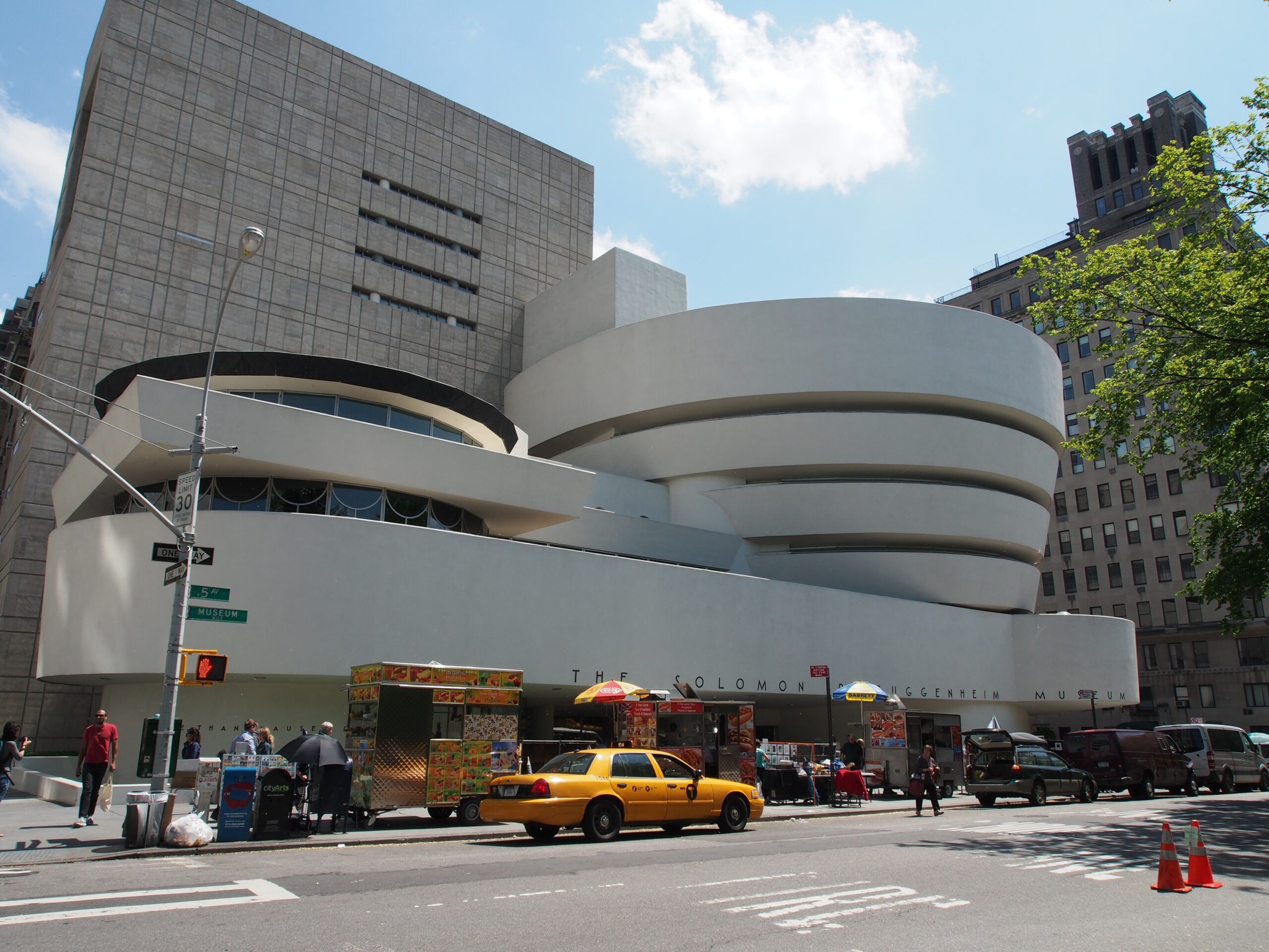 Exterior street-level view of the Solomon R. Guggenheim Museum on Fifth Avenue in New York City