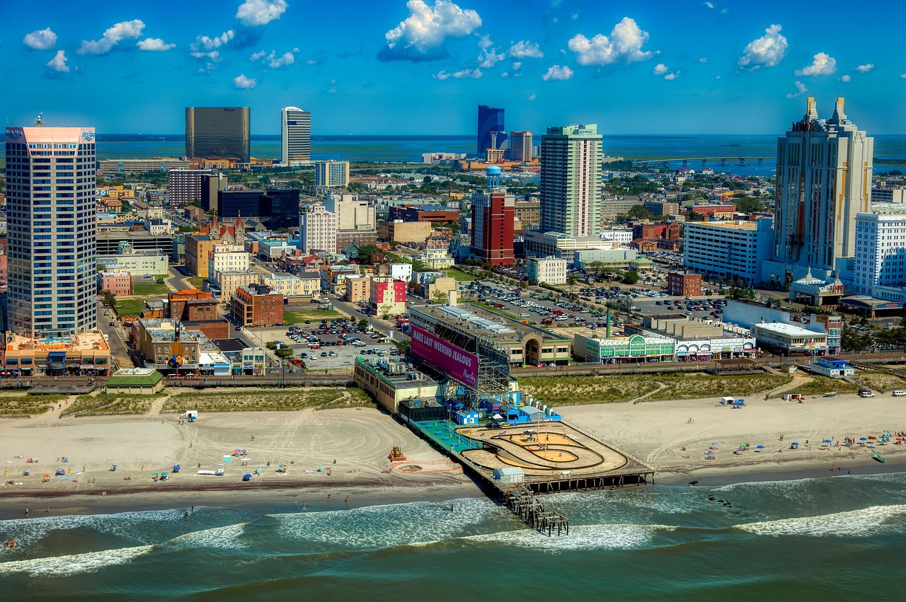 Aerial view of Atlantic City boardwalk, beach, and skyline