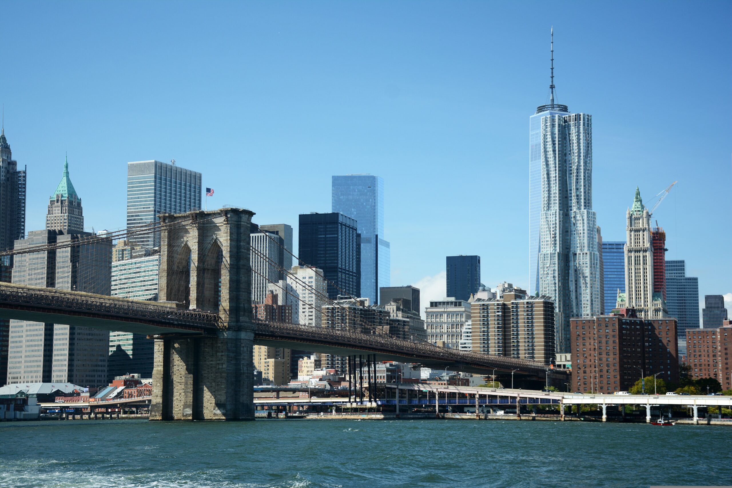 Brooklyn Bridge and Lower Manhattan skyline from the water