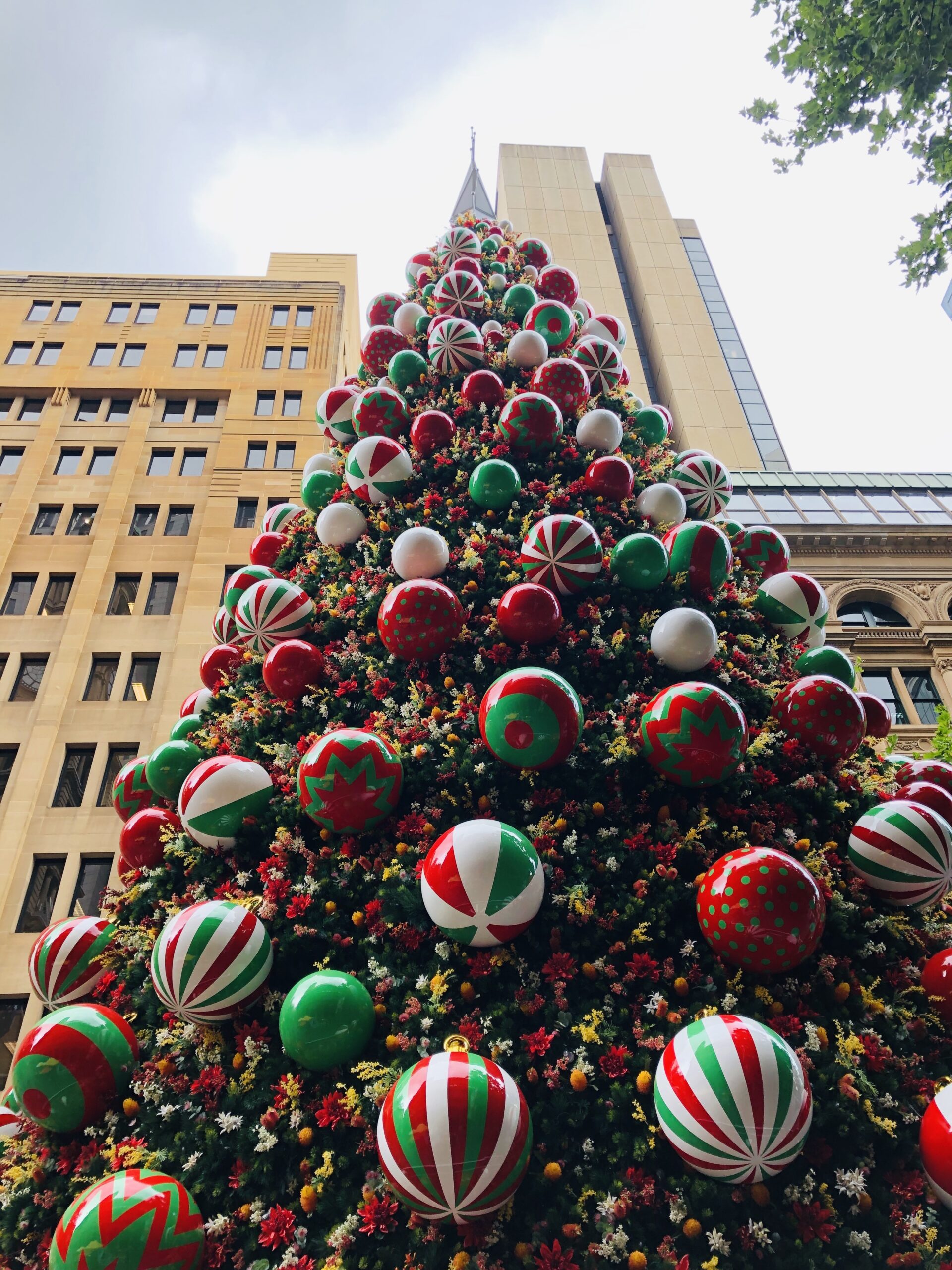 Giant Christmas tree with colorful ornaments