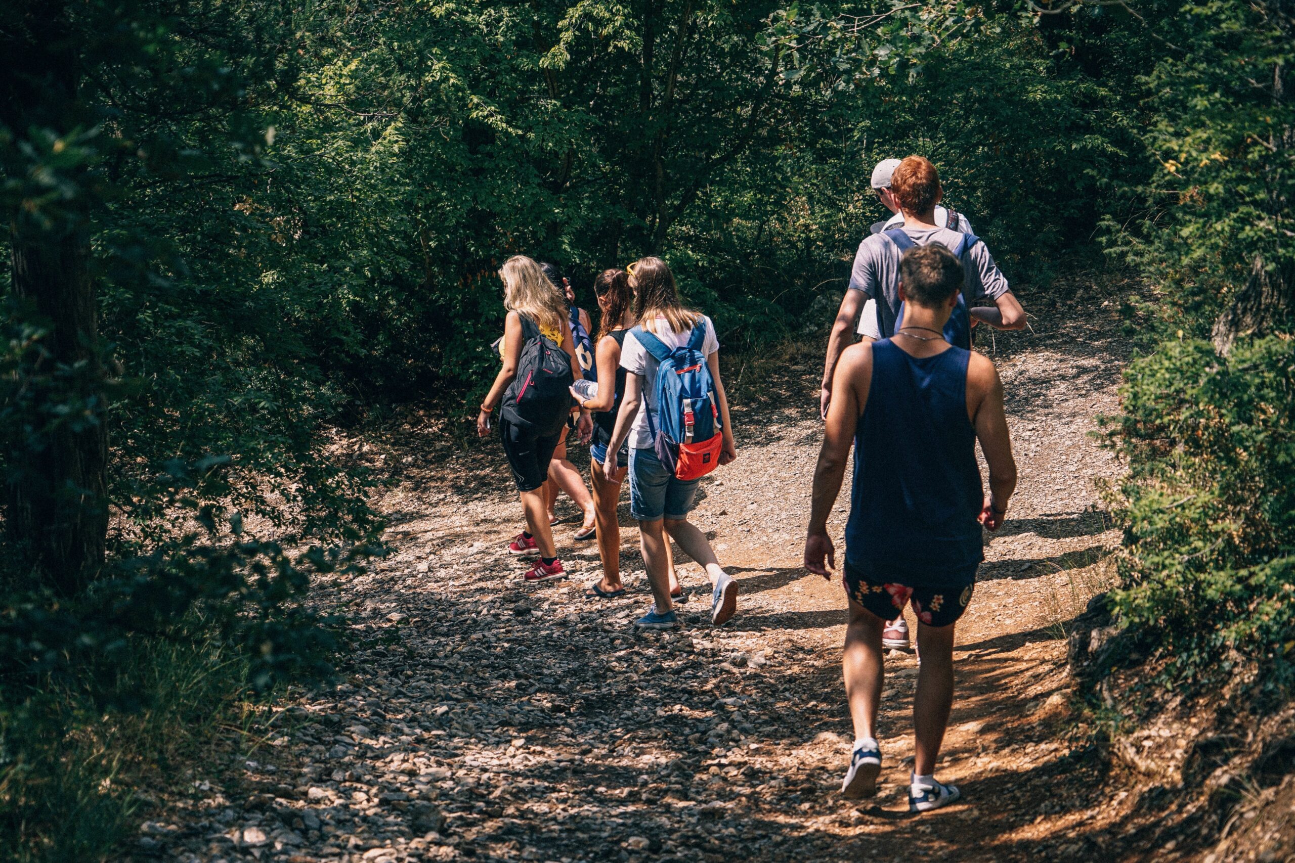 Group of students hiking wooded trail with backpacks.
