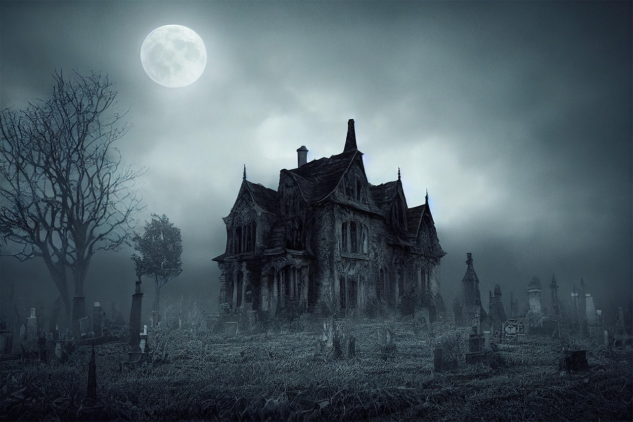 Haunted house — Gothic mansion under full moon in graveyard