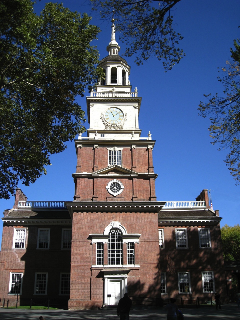 Independence Hall clock tower beneath clear blue sky