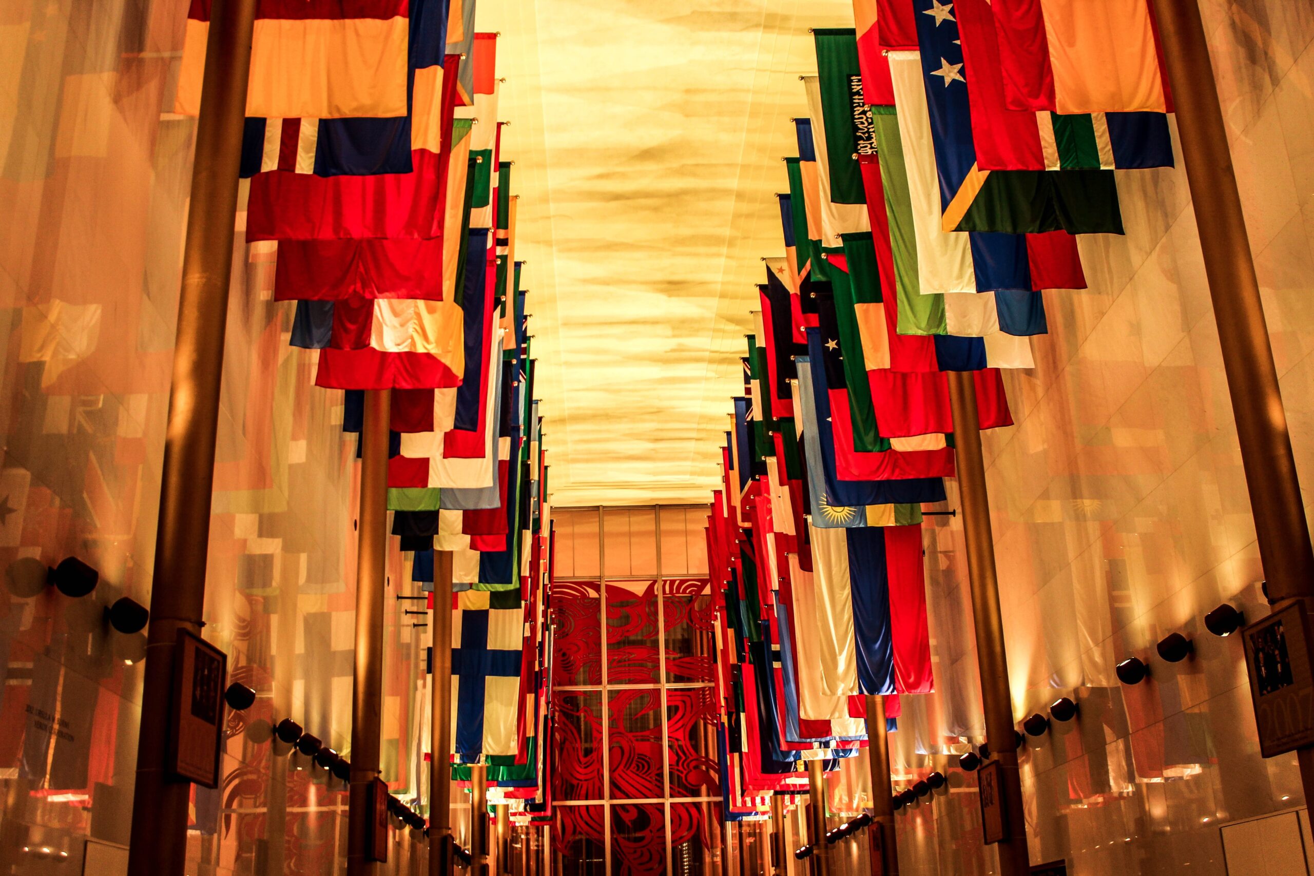 International flags hanging in Kennedy Center's Hall of Nations