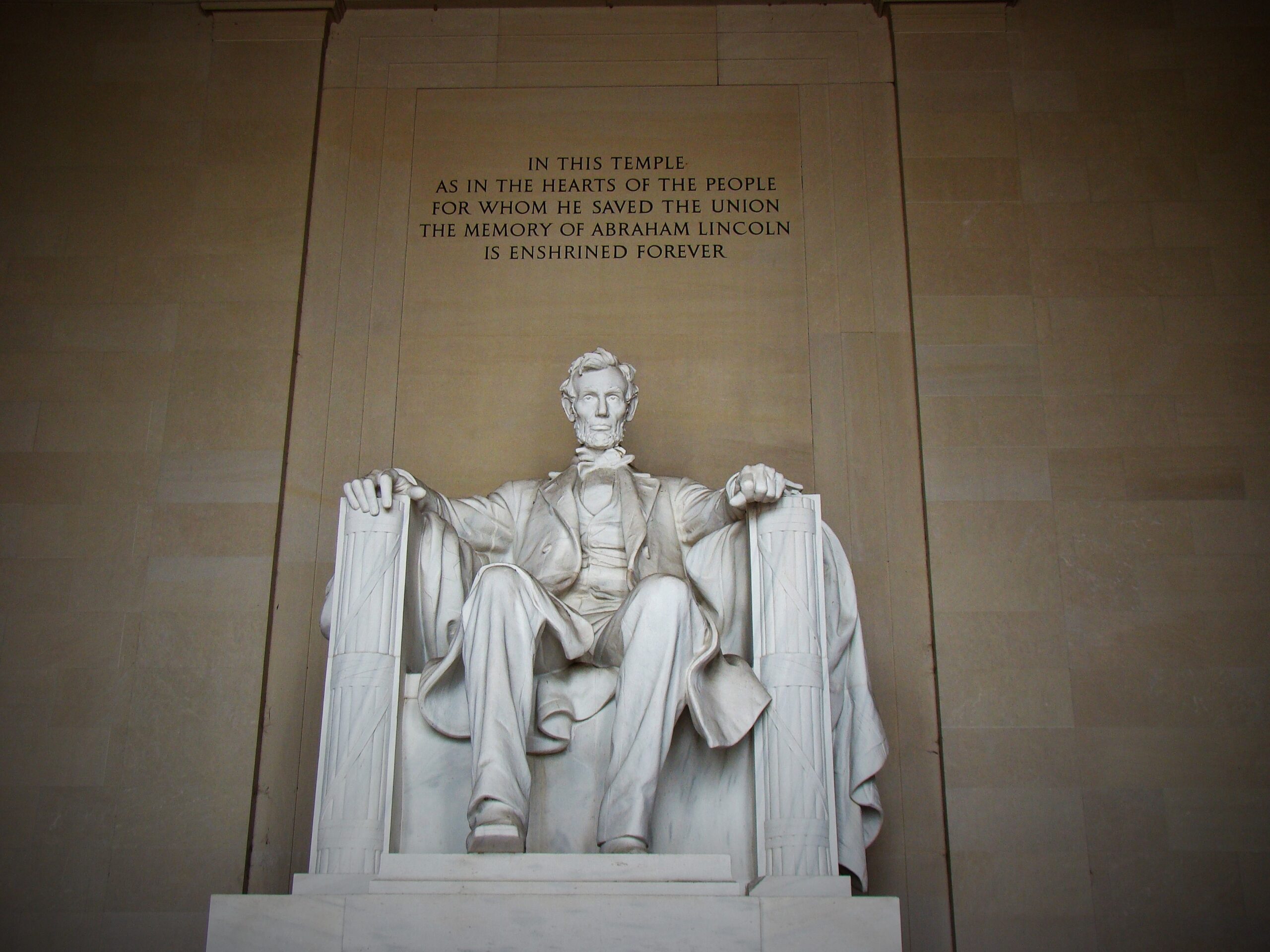 Lincoln Memorial statue beneath enshrined forever inscription