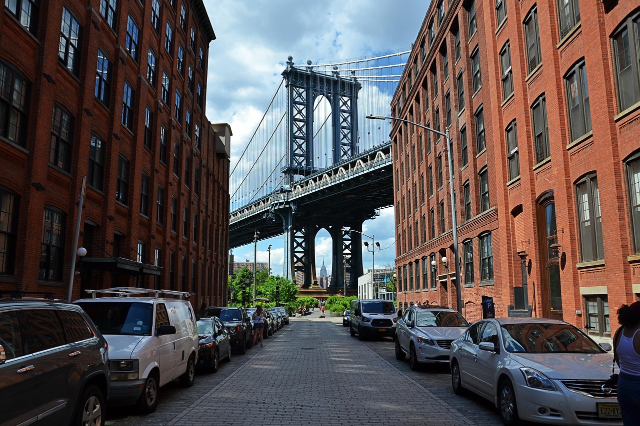 Manhattan Bridge framed between Dumbo brick buildings