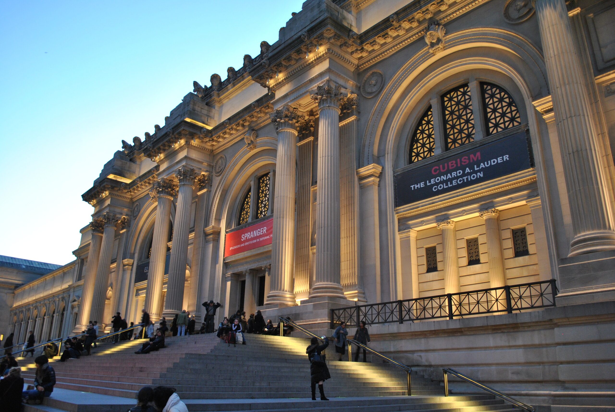 Metropolitan Museum of Art entrance lit at dusk