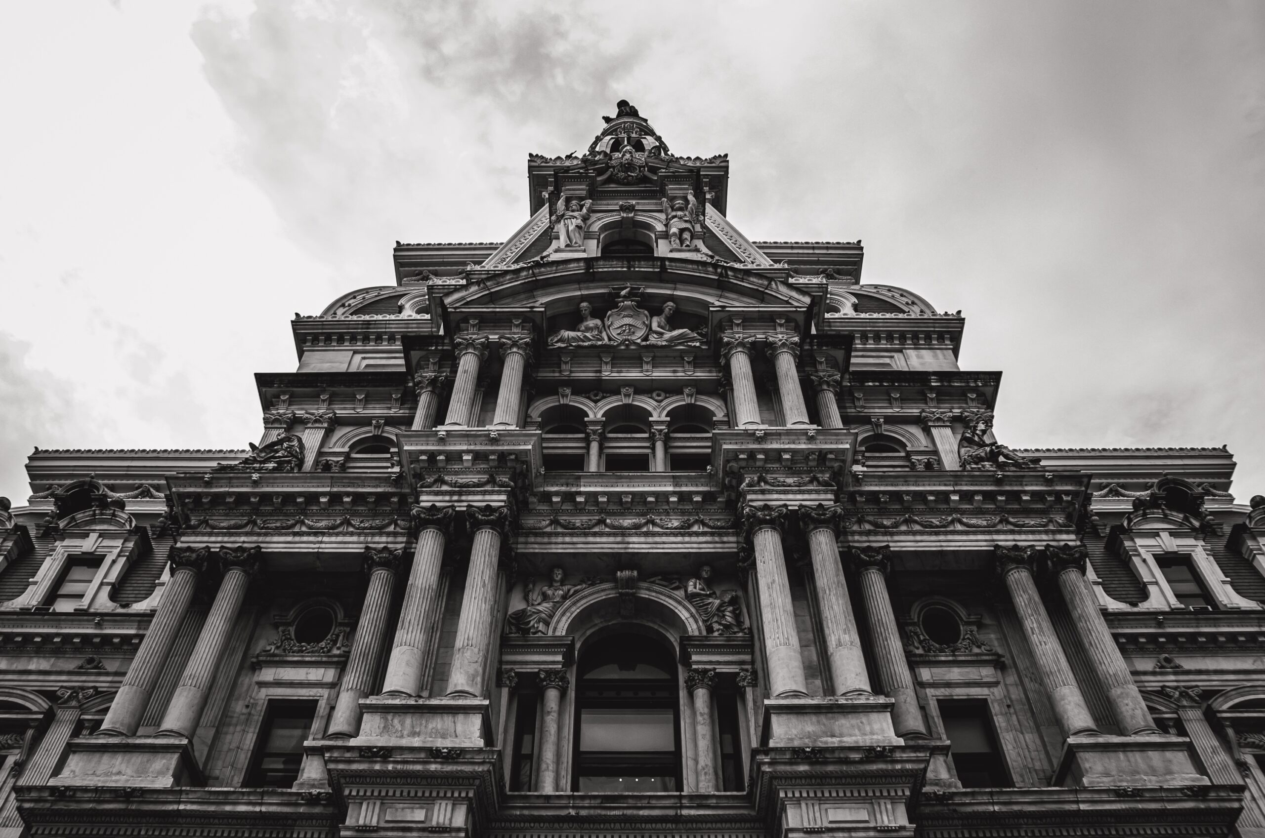 Ornate top facade of Philadelphia City Hall, black and white