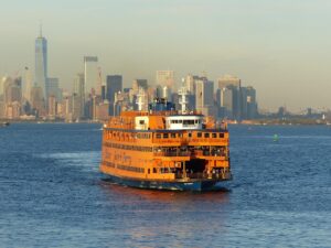 Staten Island Ferry approaching Manhattan skyline