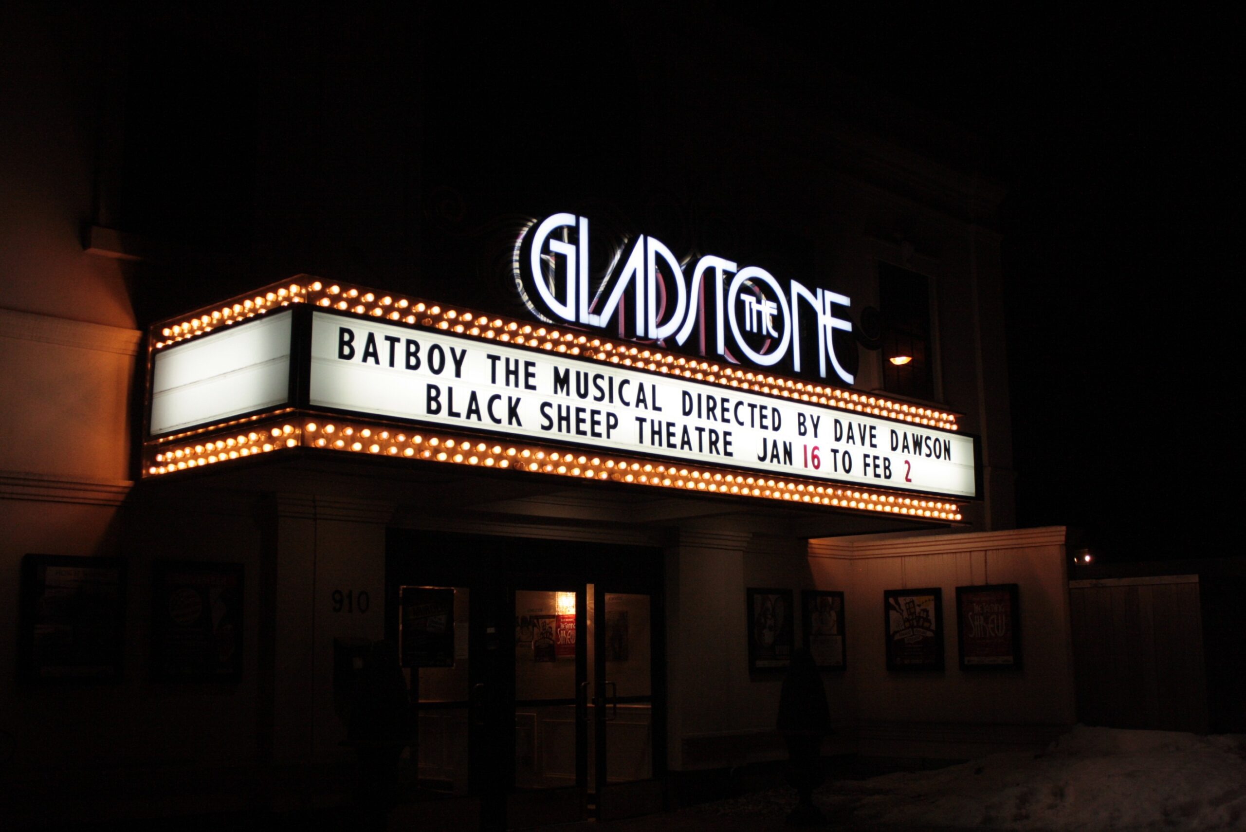 Gladstone Theatre marquee lit up at night