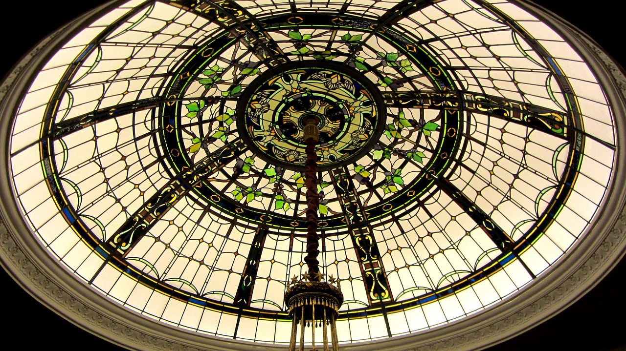 Ornate stained glass dome inside the Met museum