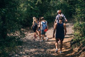 Group hiking single file along a wooded trail.