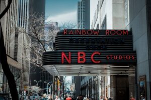 NBC Studios and Rainbow Room marquee in New York City.