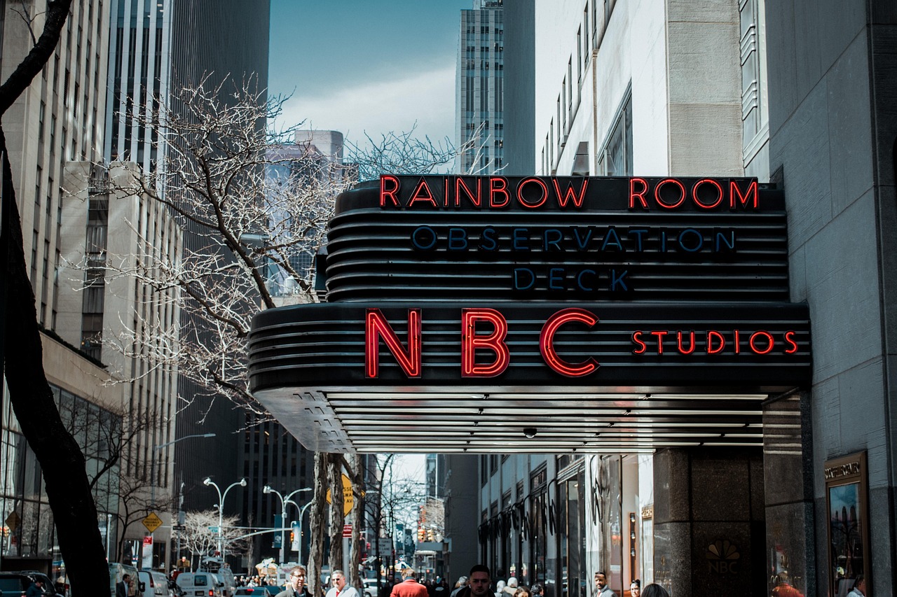 NBC Studios and Rainbow Room marquee in New York City.